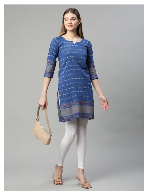 Ishitva Women's Dobby Printed Straight Line Blue Kurta