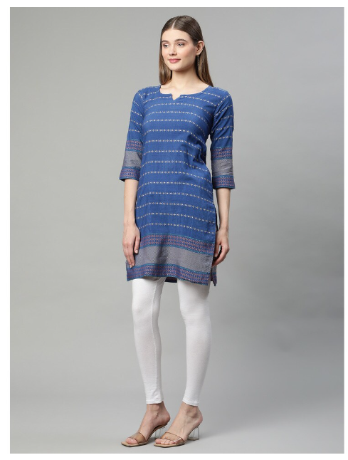 Ishitva Women's Dobby Printed Straight Line Blue Kurta