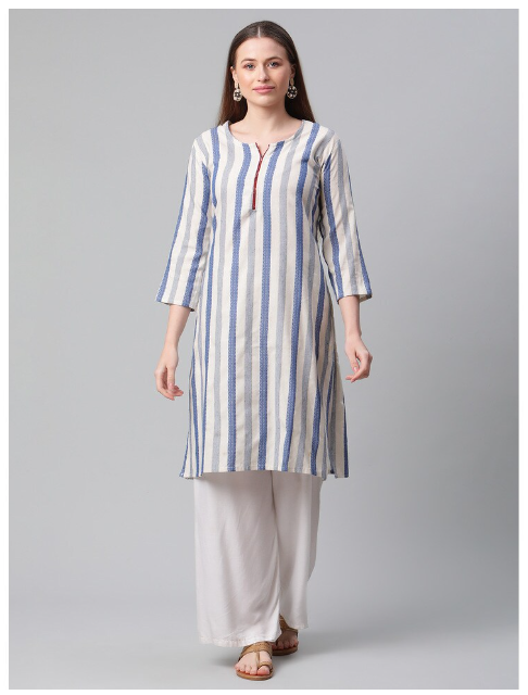 Ishitva Women's Jacquard Stripes Straight Kurta
