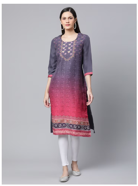 Ishitva Women's Blended Printed Straight Gray Red Kurta