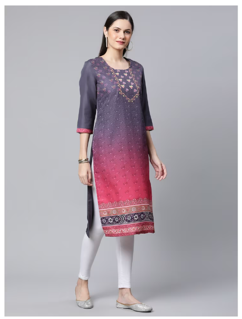 Ishitva Women's Blended Printed Straight Gray Red Kurta