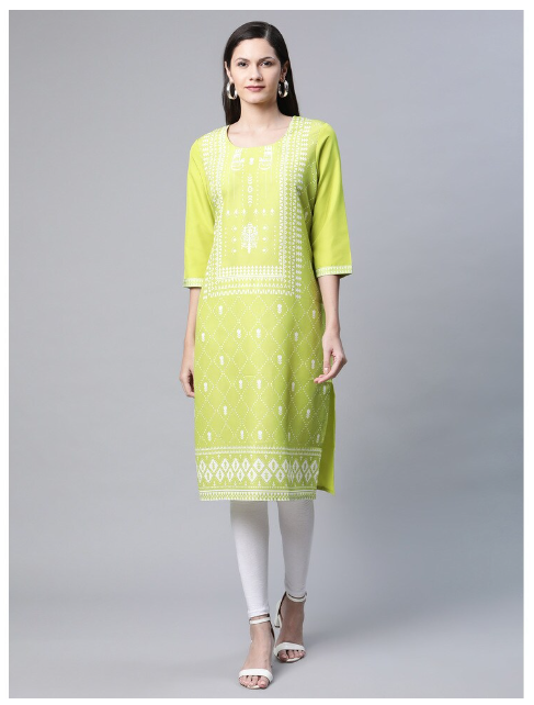 Ishitva Women's Blended Printed Straight Green Kurta