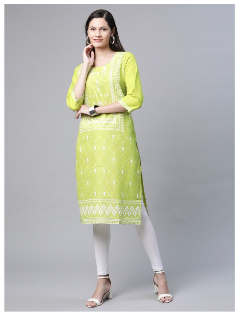 Ishitva Women's Blended Printed Straight Green Kurta