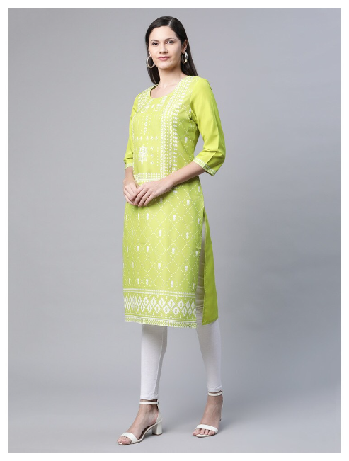 Ishitva Women's Blended Printed Straight Green Kurta