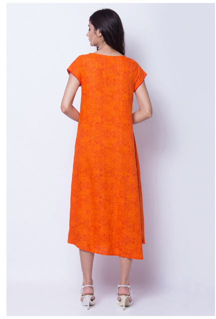 RANGRITI Women's Viscose Printed Asymmetric Flared Orange Kurta