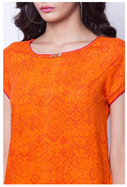 RANGRITI Women's Viscose Printed Asymmetric Flared Orange Kurta