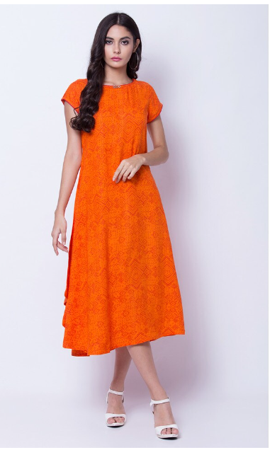 RANGRITI Women's Viscose Printed Asymmetric Flared Orange Kurta