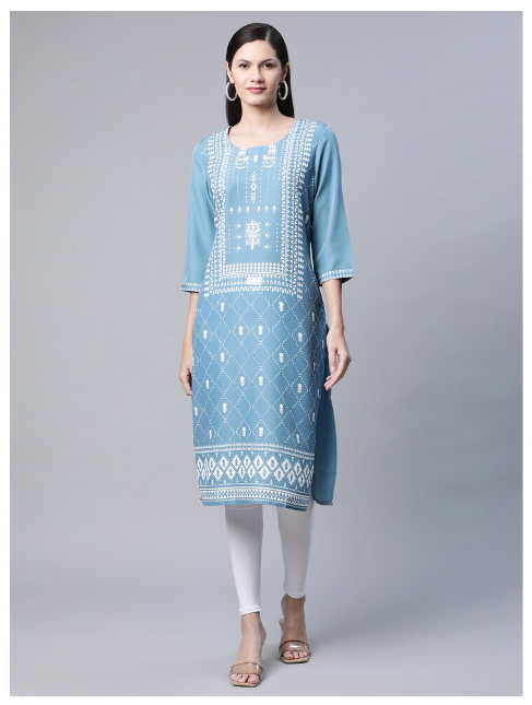 Ishitva Women's Blended Printed Straight Blue Kurta