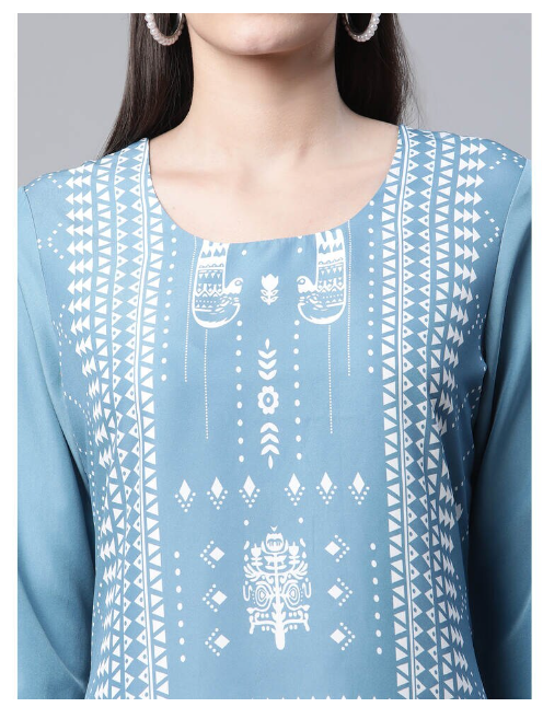 Ishitva Women's Blended Printed Straight Blue Kurta