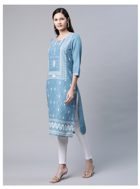 Ishitva Women's Blended Printed Straight Blue Kurta