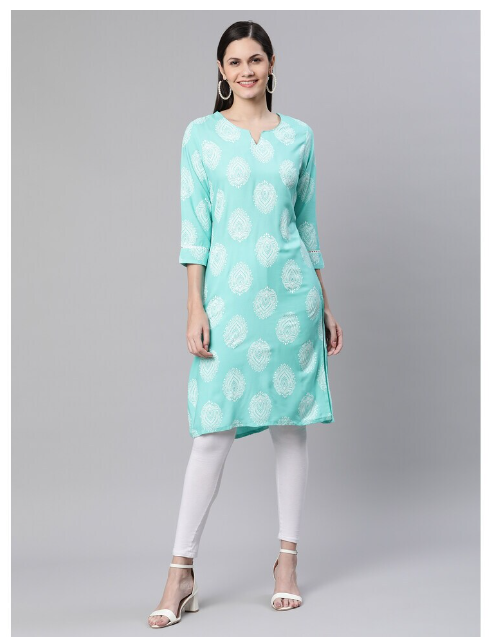 Ishitva Women's Rayon Floral Printed Straight Skyblue white Kurta