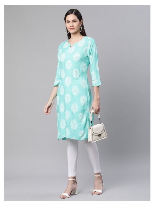 Ishitva Women's Rayon Floral Printed Straight Skyblue white Kurta
