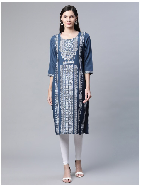Ishitva Women's Blended Printed Straight Dark blue Kurta