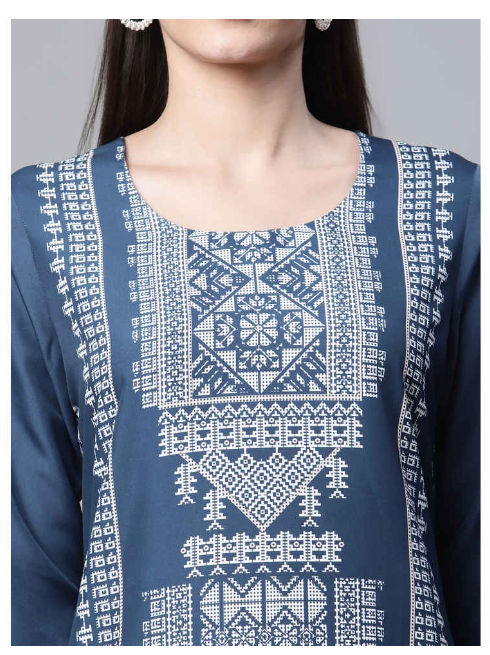 Ishitva Women's Blended Printed Straight Dark blue Kurta