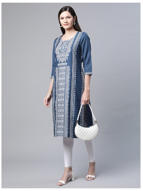 Ishitva Women's Blended Printed Straight Dark blue Kurta