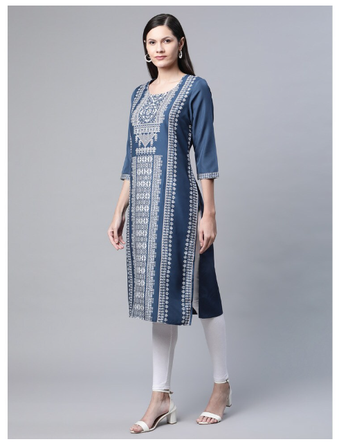 Ishitva Women's Blended Printed Straight Dark blue Kurta
