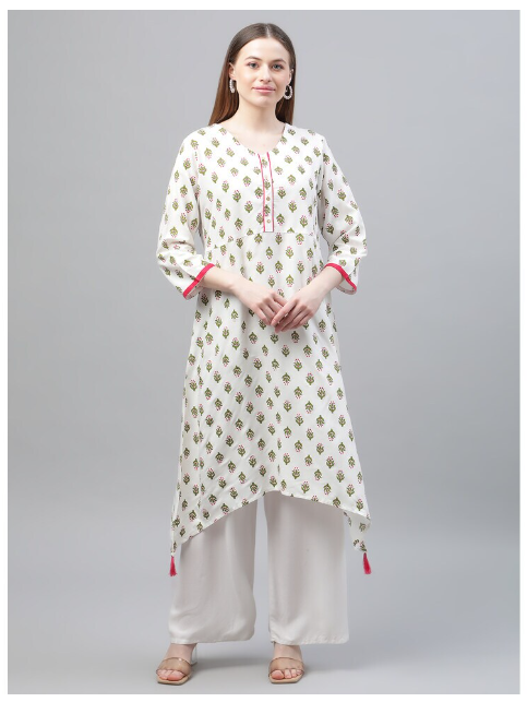 DHUNI Women's Rayon White Green Print Asymmetric Kurta