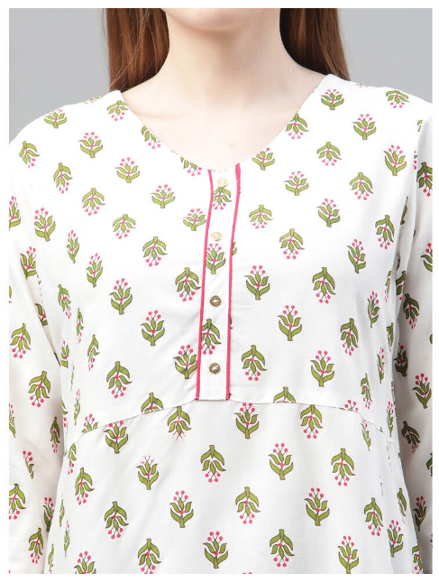 DHUNI Women's Rayon White Green Print Asymmetric Kurta