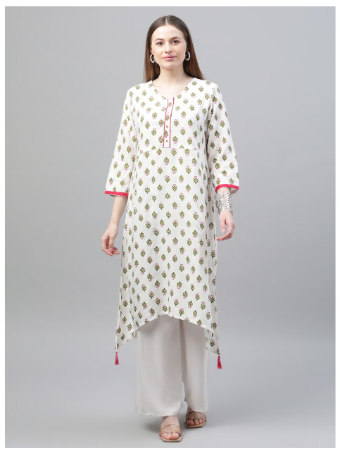 DHUNI Women's Rayon White Green Print Asymmetric Kurta