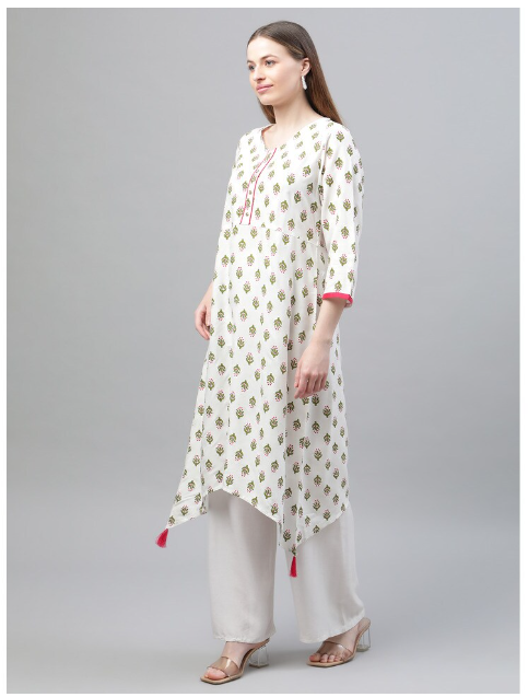 DHUNI Women's Rayon White Green Print Asymmetric Kurta