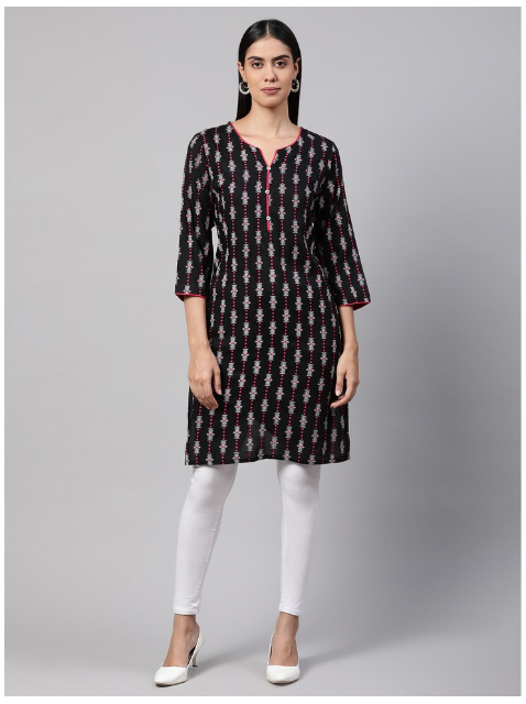 DHUNI Women's Rayon Black Print Straight Kurta