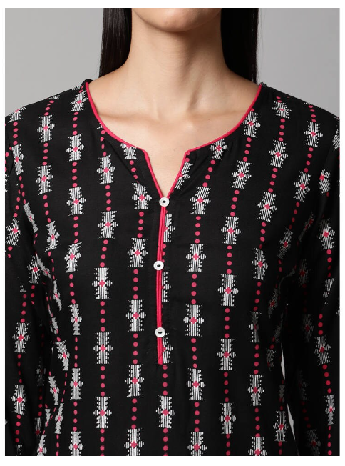 DHUNI Women's Rayon Black Print Straight Kurta