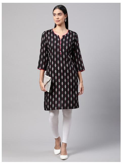DHUNI Women's Rayon Black Print Straight Kurta