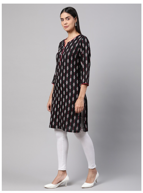 DHUNI Women's Rayon Black Print Straight Kurta