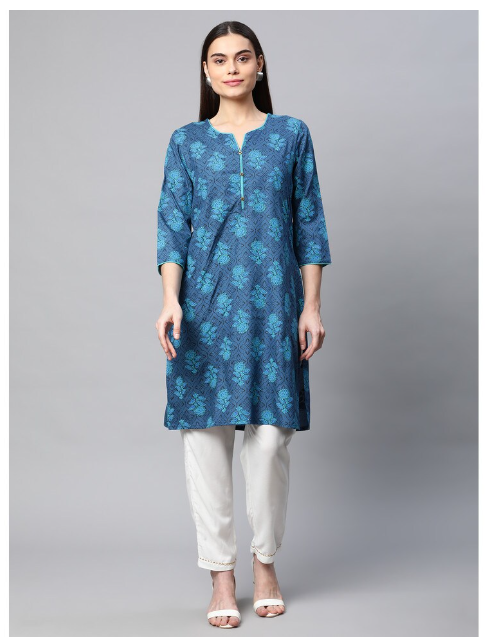 DHUNI Women's Rayon Blue Full Print Straight Kurta