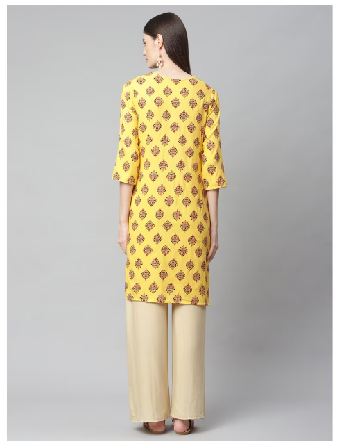 DHUNI Women's Rayon Printed Straight Yellow Kurta