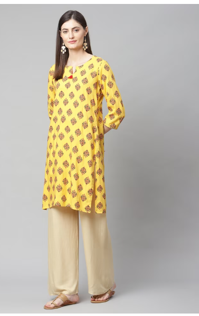 DHUNI Women's Rayon Printed Straight Yellow Kurta