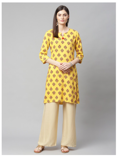 DHUNI Women's Rayon Printed Straight Yellow Kurta