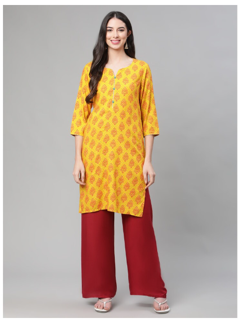 DHUNI Women's Rayon Yellow Orange print Straight Kurta