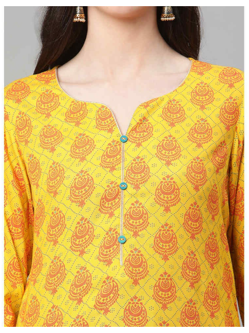 DHUNI Women's Rayon Yellow Orange print Straight Kurta