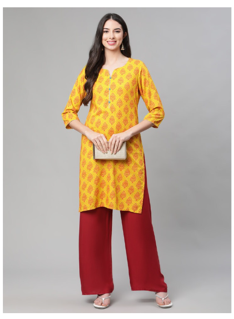 DHUNI Women's Rayon Yellow Orange print Straight Kurta