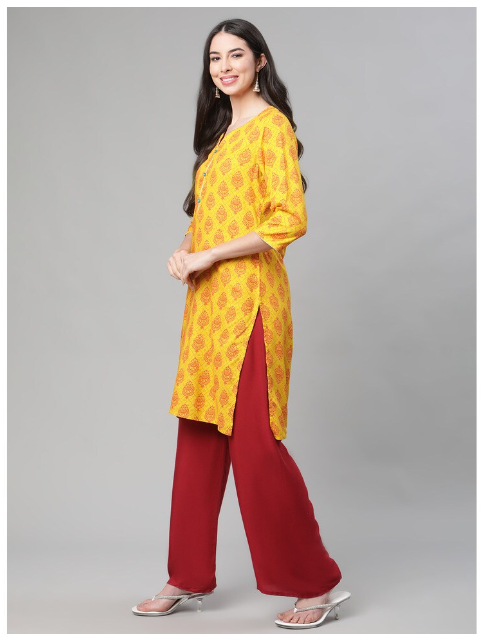 DHUNI Women's Rayon Yellow Orange print Straight Kurta