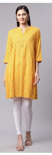 DHUNI Women's Rayon Full Print Yellow Straight Kurta