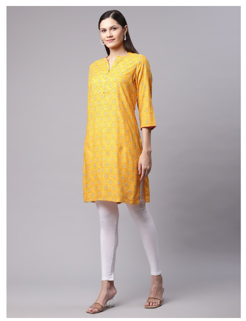 DHUNI Women's Rayon Full Print Yellow Straight Kurta