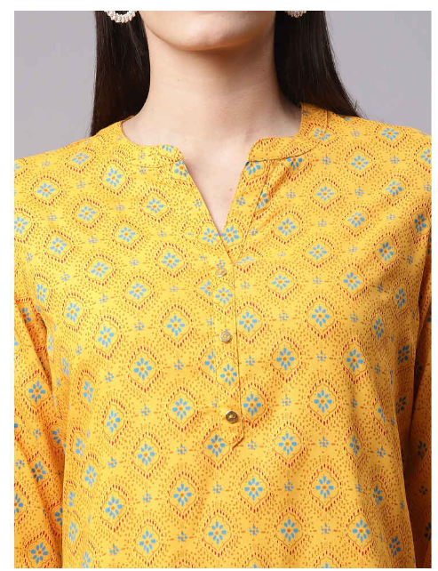 DHUNI Women's Rayon Full Print Yellow Straight Kurta
