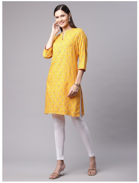 DHUNI Women's Rayon Full Print Yellow Straight Kurta