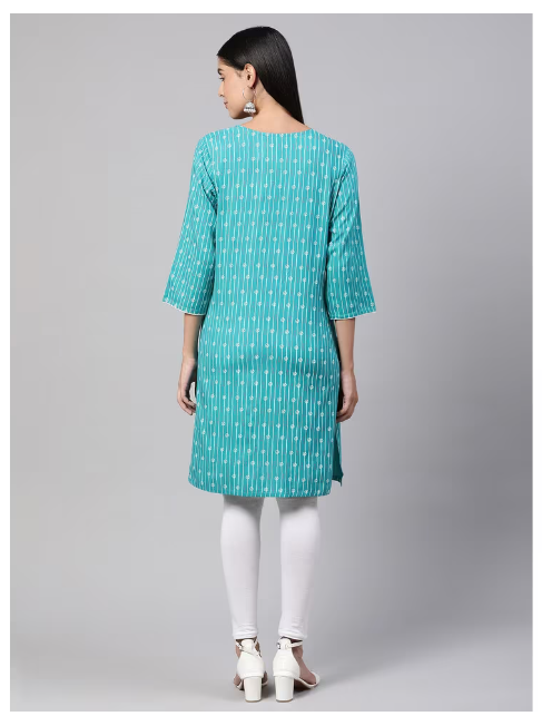 DHUNI Women's Rayon Sky blue Print Straight Kurta