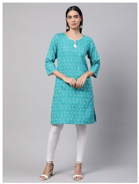 DHUNI Women's Rayon Sky blue Print Straight Kurta