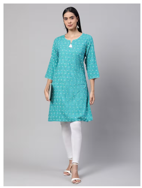 DHUNI Women's Rayon Sky blue Print Straight Kurta