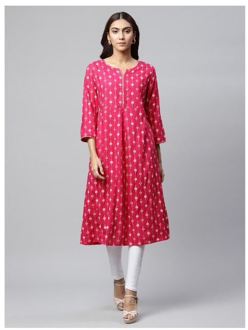 DHUNI Women's Rayon Pink Print Flared Kurta