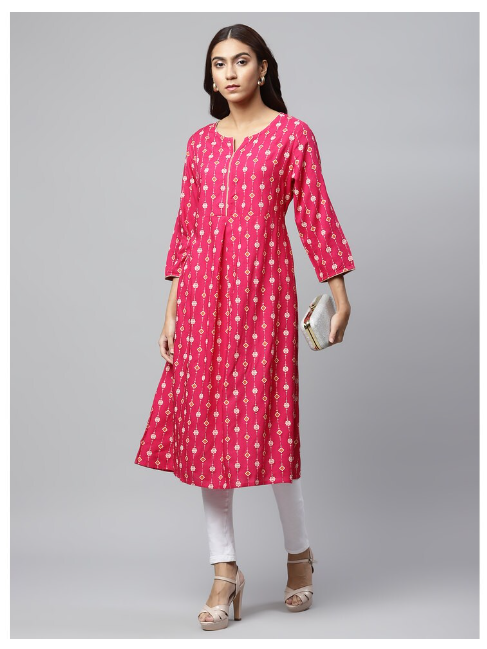 DHUNI Women's Rayon Pink Print Flared Kurta