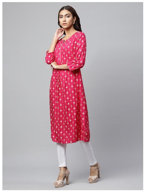 DHUNI Women's Rayon Pink Print Flared Kurta
