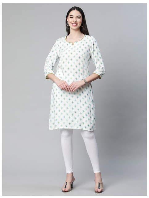 DHUNI Women's Rayon White green print Straight Kurta