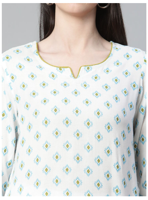 DHUNI Women's Rayon White green print Straight Kurta