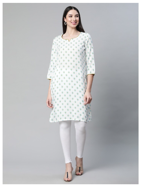 DHUNI Women's Rayon White green print Straight Kurta