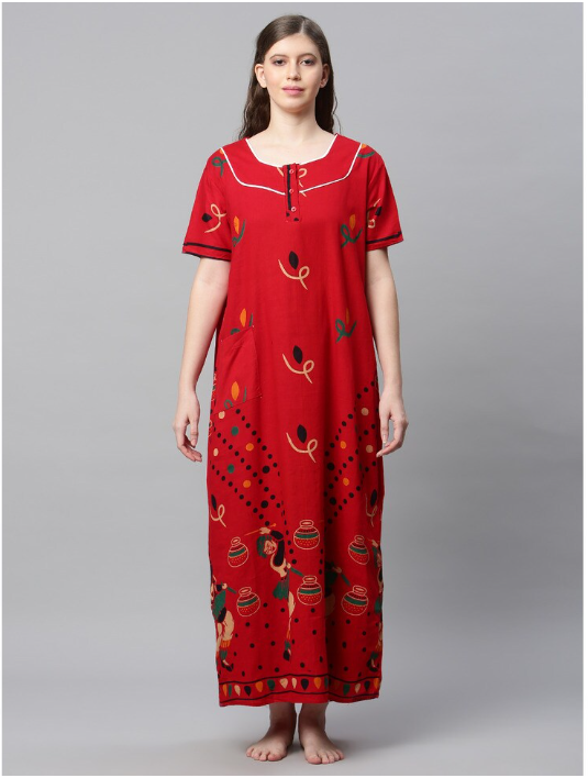 NITESY Red Cotton Printed Long Nighty with side pocket